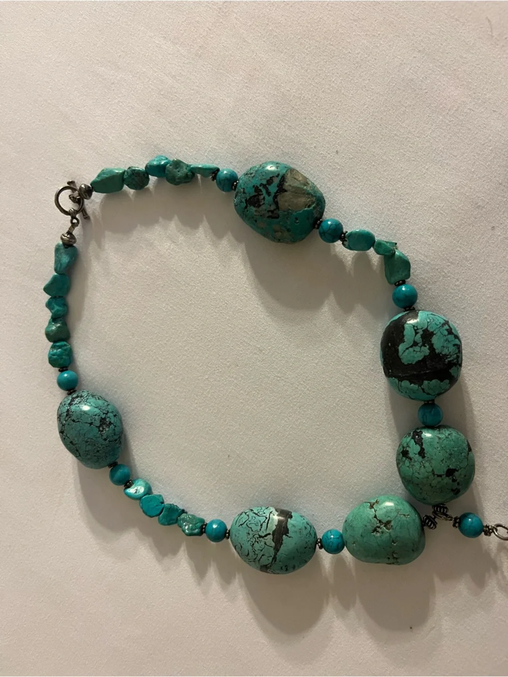 Vintage Turquoise Beaded Necklace with Chunky Focal Stone- dark matrix veining